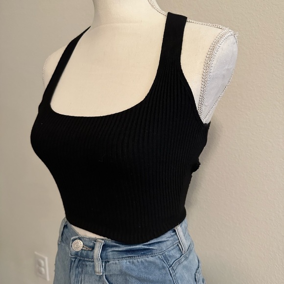 Black Ribbed Crop Top with Cross Back and Tie Size Small - Picture 4 of 9